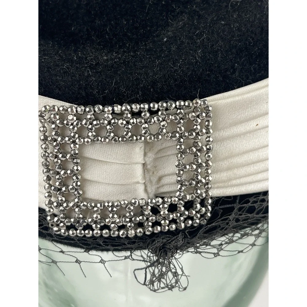 Vintage Pillbox Hat Satin Ribbon Black Ivory Rhinestone Accent Netting Wanamaker
